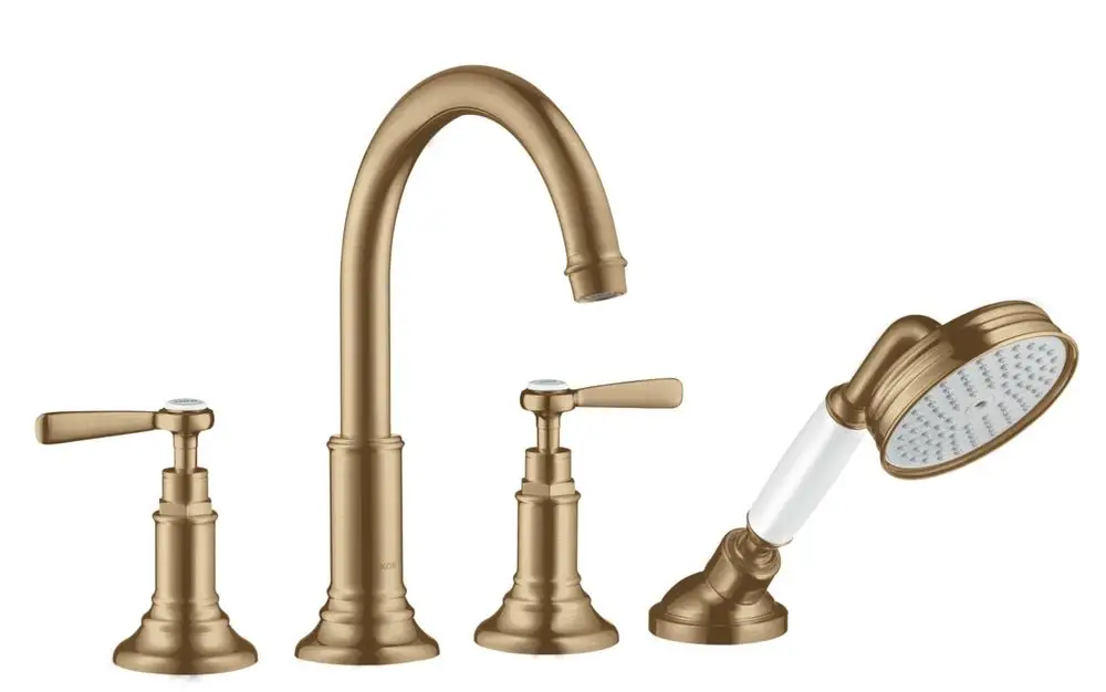 AXOR Wannenrandarmatur in gebürstetem Bronze mit vier Auslässen und zwei Hebelgriffen. Enthält eine Handbrause mit einem weißen Griff.